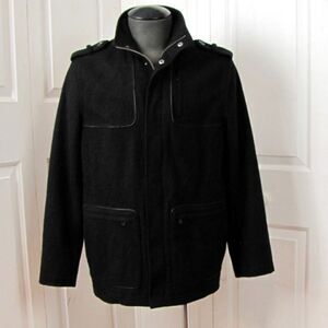 Perry Ellis Mens Black Wool Blend Peacoat Medium Zip Snap Front 7 Pockets Lined